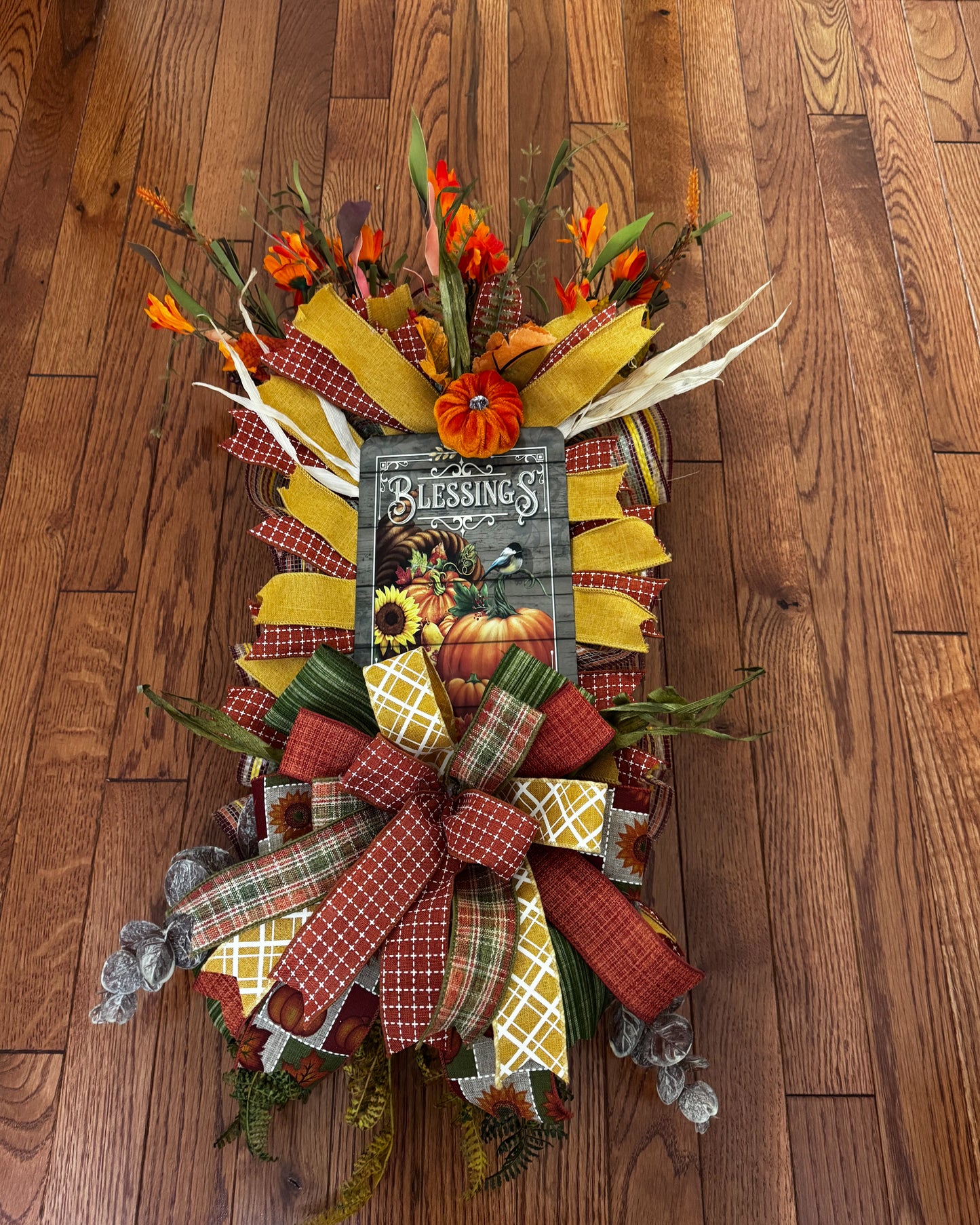 Fall Swag, Fall Rectangular Swag with Sign, Blessings Swag, Pumpkins and Fall Floral Swag, Gift, Storm Door Swag , Orange Swag, Autumn Swag