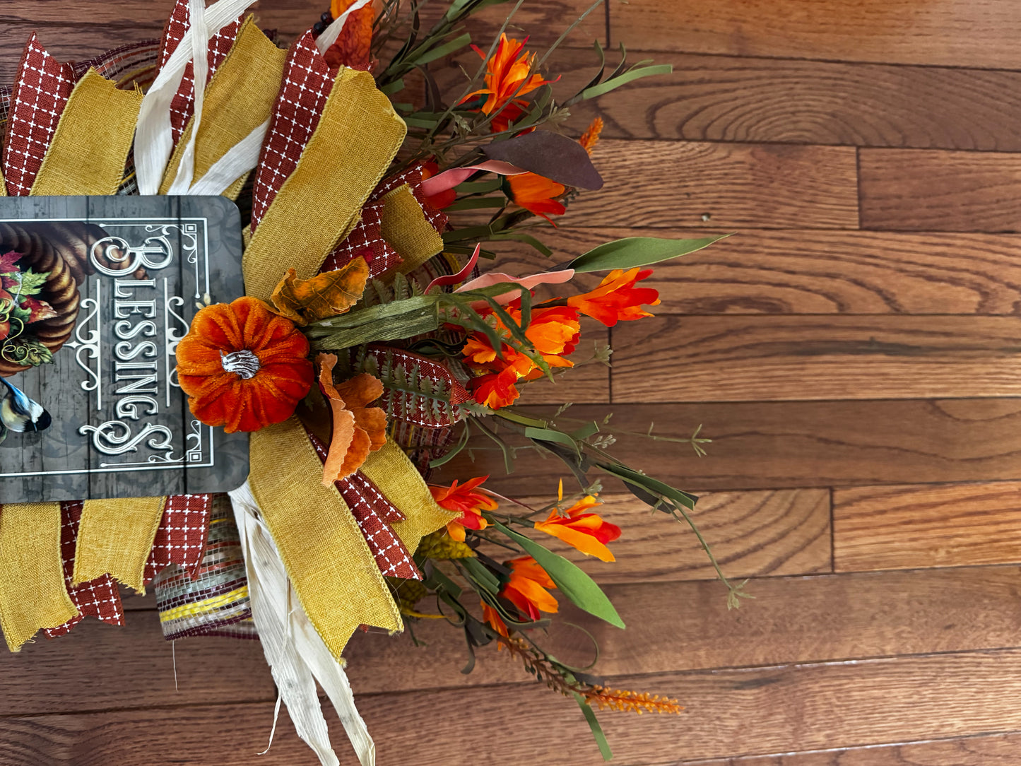 Fall Swag, Fall Rectangular Swag with Sign, Blessings Swag, Pumpkins and Fall Floral Swag, Gift, Storm Door Swag , Orange Swag, Autumn Swag