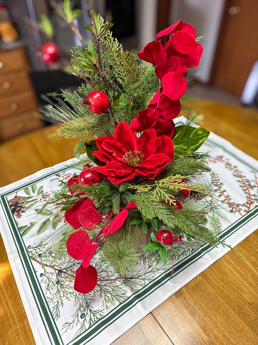 Red Velvet Magnolia Centerpiece With Pomegranates – Dramatic Holiday Arrangement