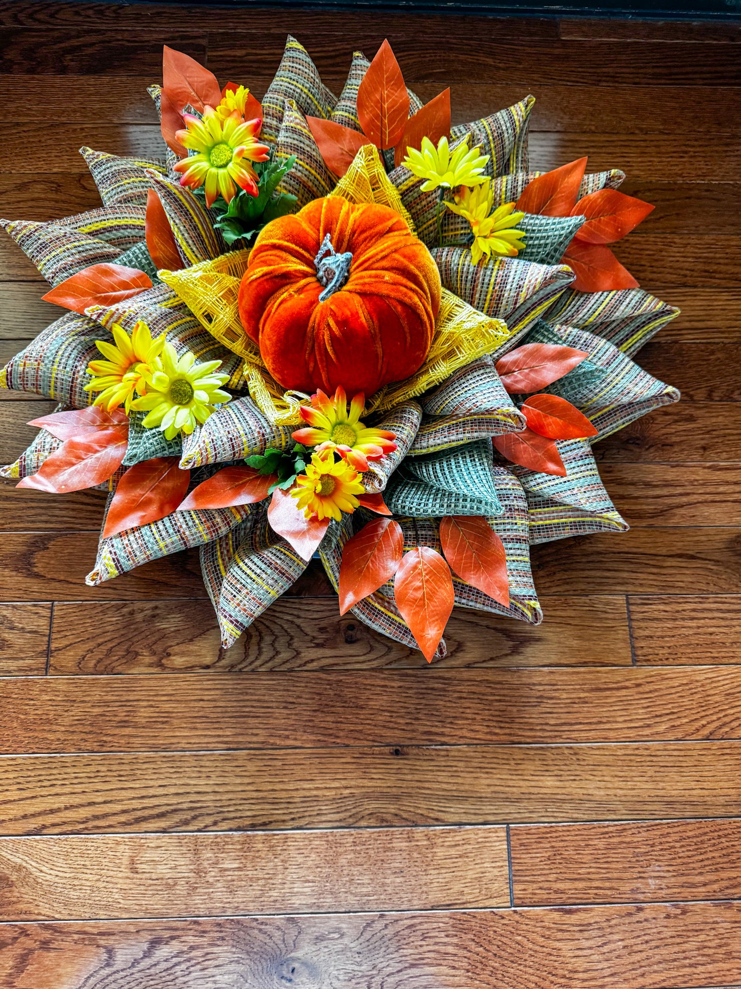 Velvet Pumpkin Centerpiece- Fall Harvest Table Decor with Gerbera Daisies  and Autumn Leaves