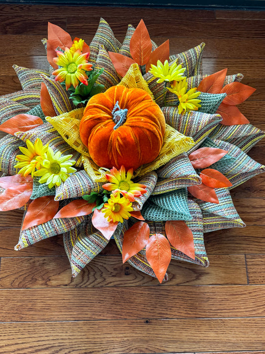 Velvet Pumpkin Centerpiece- Fall Harvest Table Decor with Gerbera Daisies  and Autumn Leaves