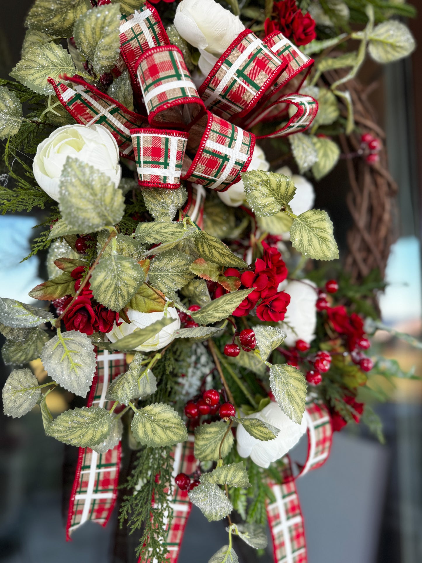 Traditional Christmas Grapevine Wreath with Red Roses, Plaid Ribbon & Cream Florals