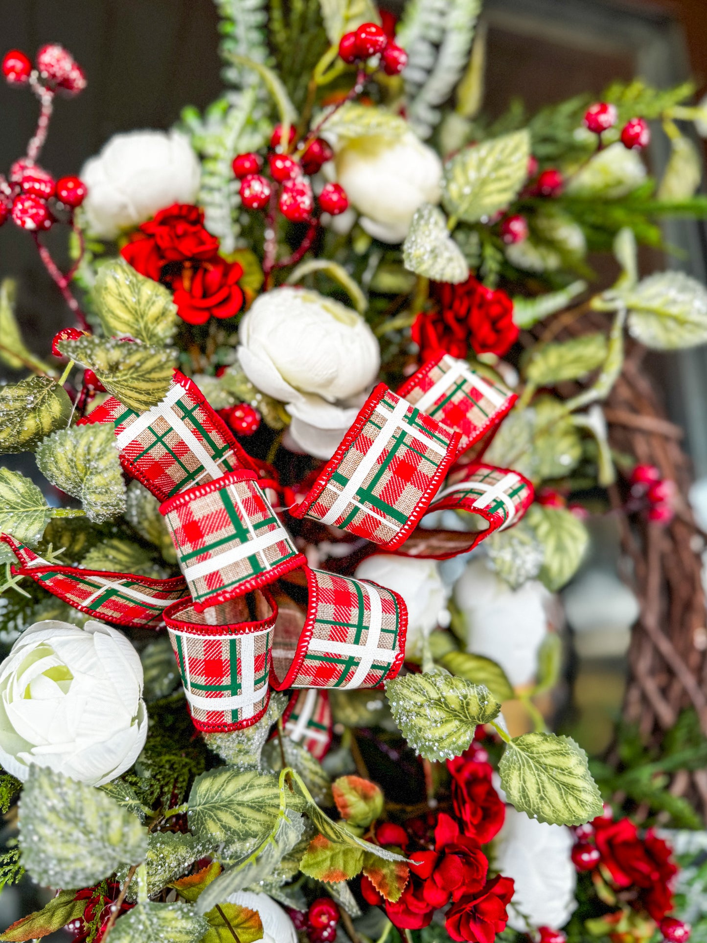 Traditional Christmas Grapevine Wreath with Red Roses, Plaid Ribbon & Cream Florals