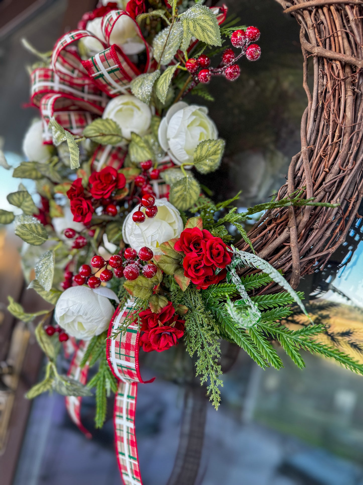 Traditional Christmas Grapevine Wreath with Red Roses, Plaid Ribbon & Cream Florals