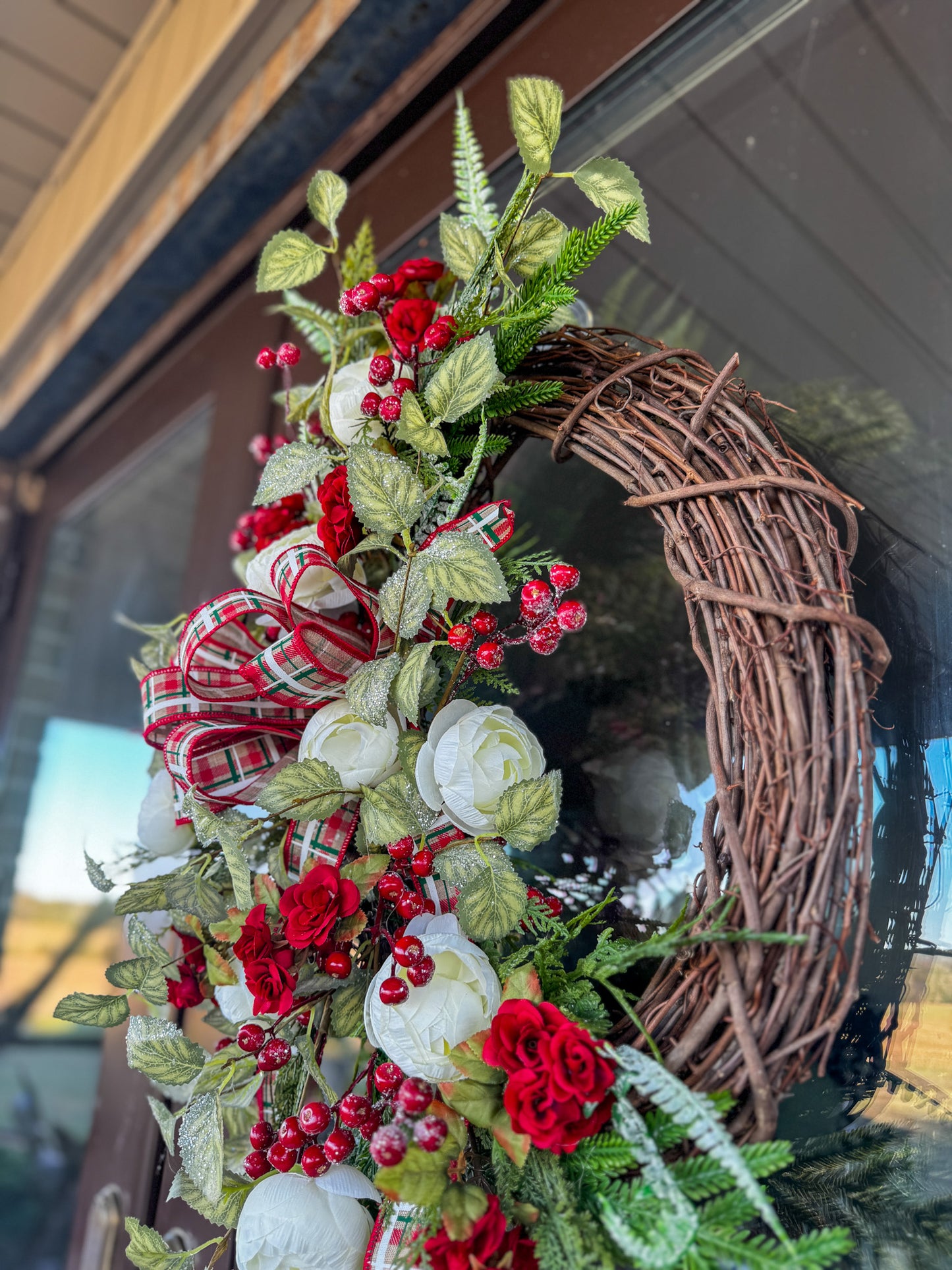 Traditional Christmas Grapevine Wreath with Red Roses, Plaid Ribbon & Cream Florals