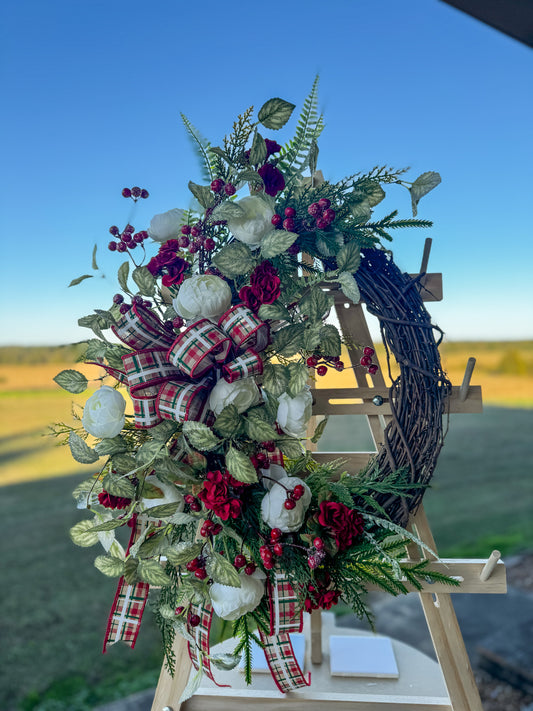 Traditional Christmas Grapevine Wreath with Red Roses, Plaid Ribbon & Cream Florals