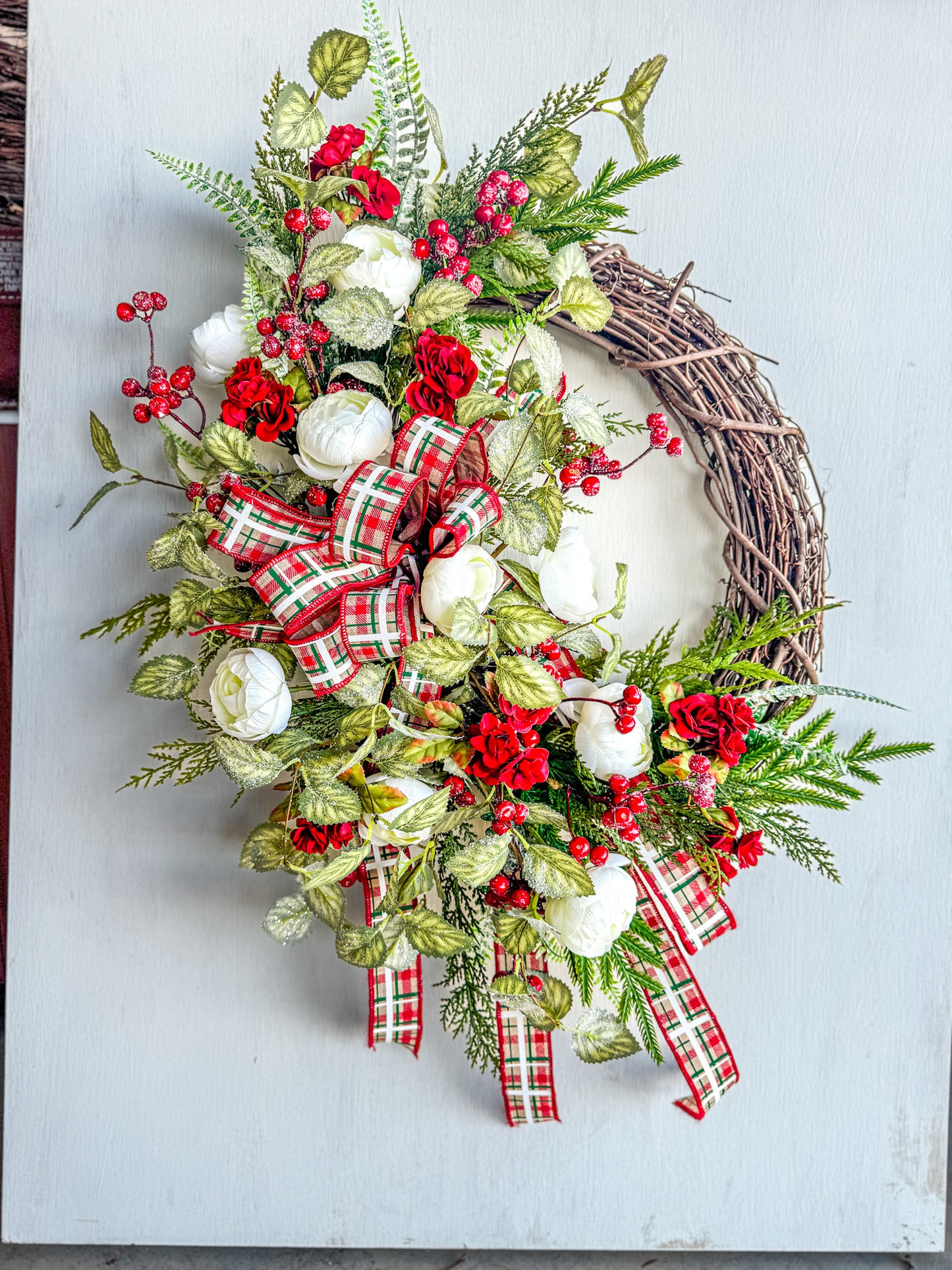 Traditional Christmas Grapevine Wreath with Red Roses, Plaid Ribbon & Cream Florals