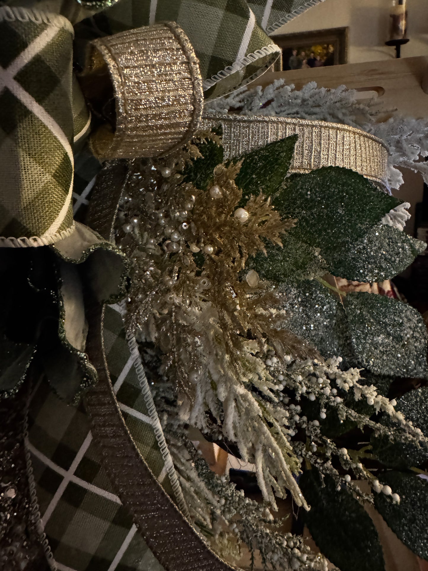 Winter Green Magnolia Grapevine Wreath with Jeweled Picks & Farrisilk Ribbon Short Description  Elegant, serene, and timeless — this handcrafted winter green magnolia wreath combines frosted greenery, jeweled accents, and luxurious Farrisilk ribbon.