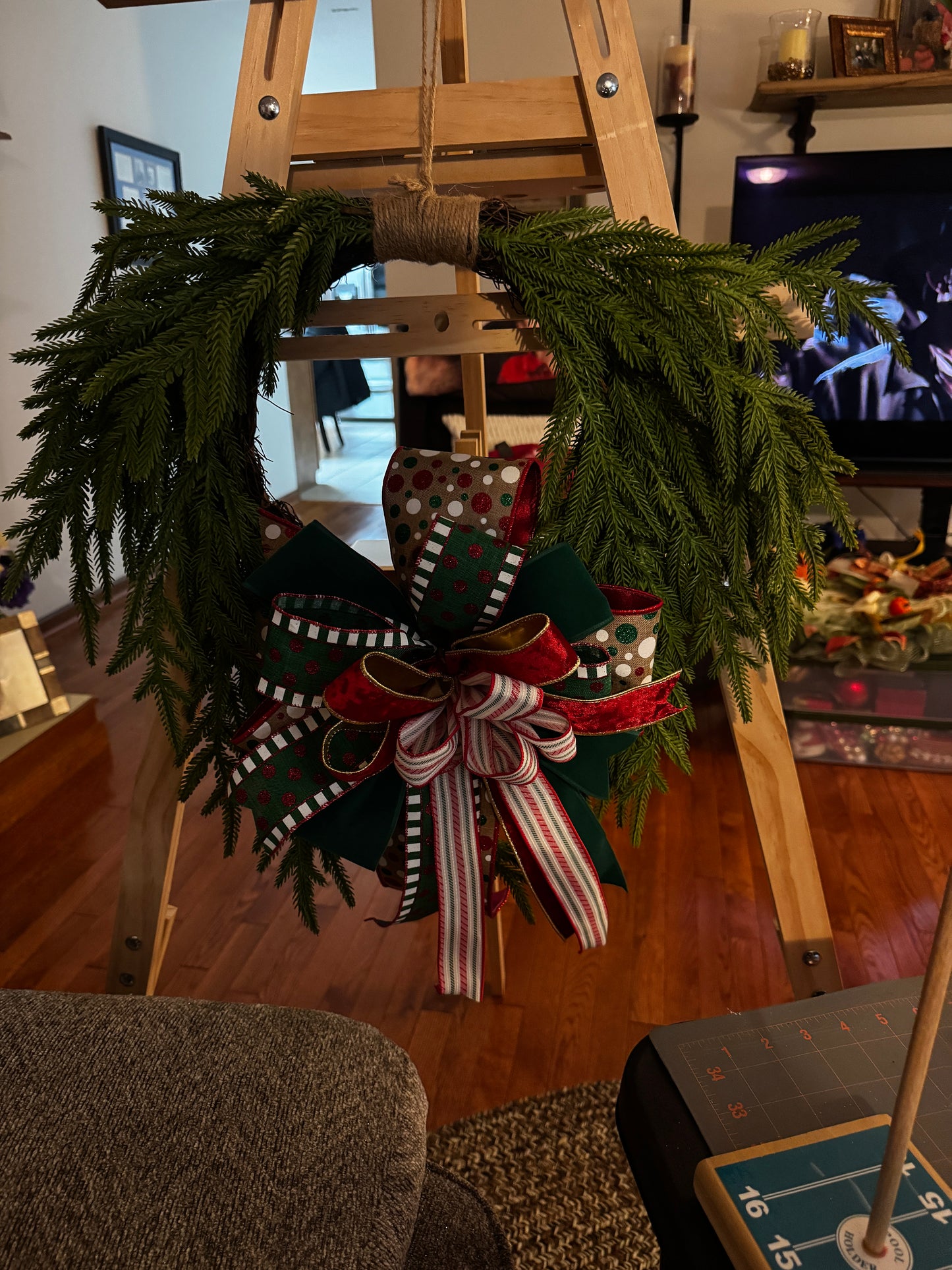 Classic Christmas Greenery Wreath with Polka Dot Bow