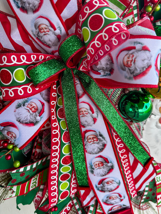 Vintage Santa Christmas Wreath with D’Lux Santa Face Ribbon and Red/Green Farrisilk Ribbon