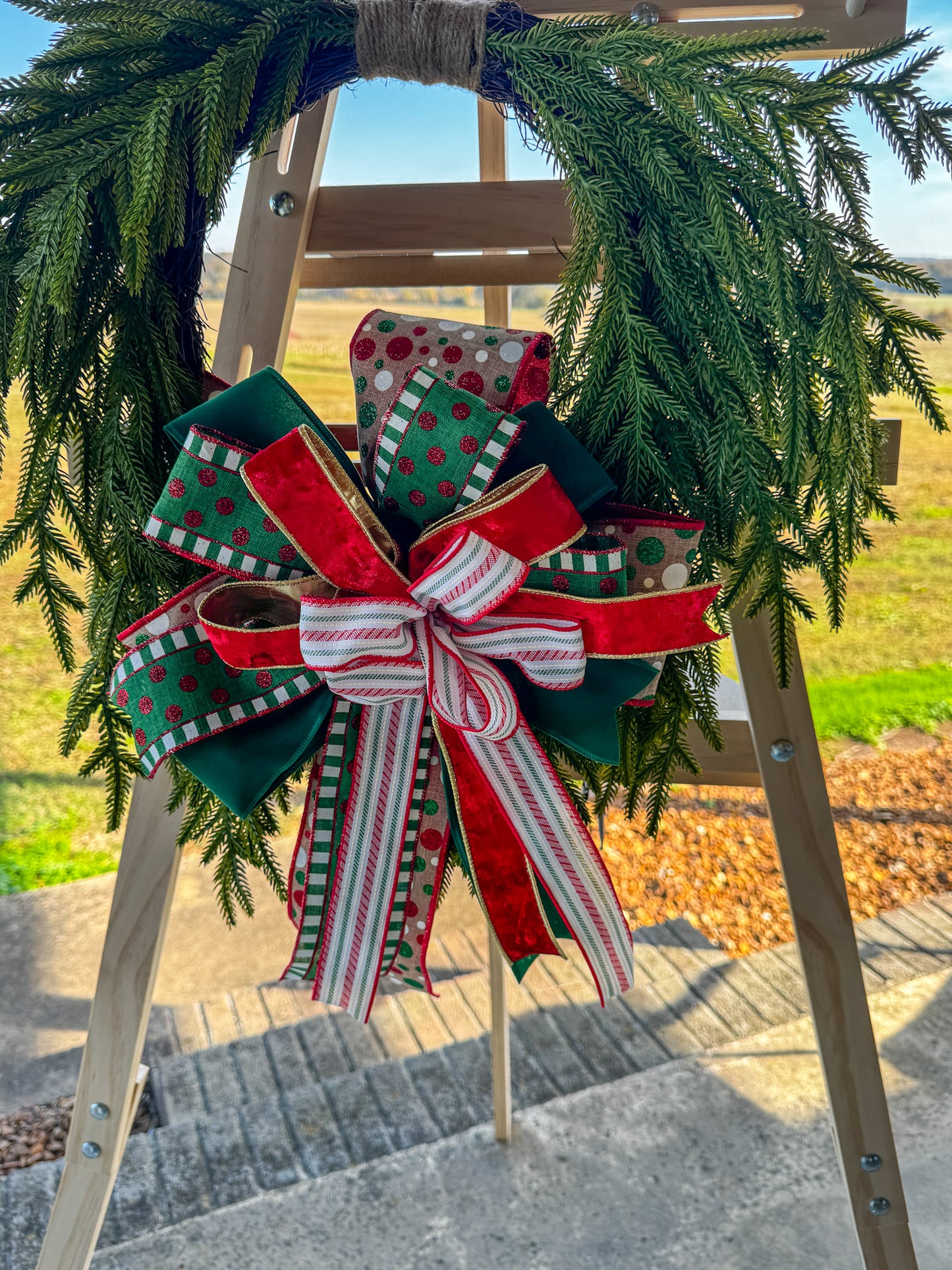Classic Christmas Greenery Wreath with Polka Dot Bow