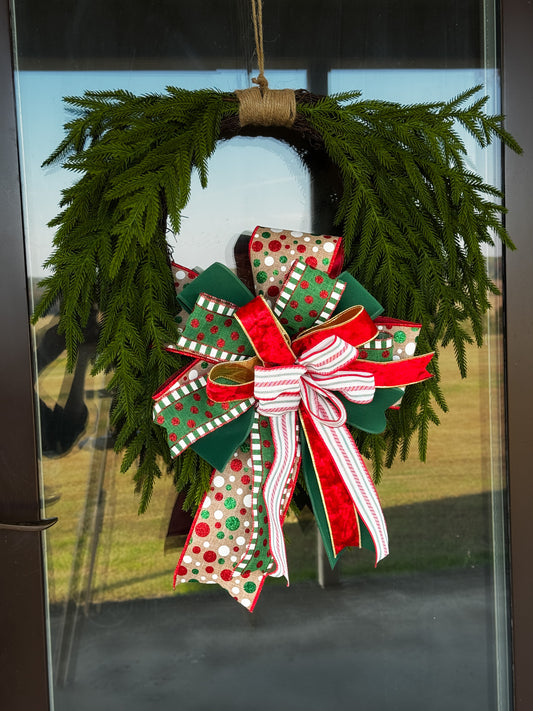 Classic Christmas Greenery Wreath with Polka Dot Bow