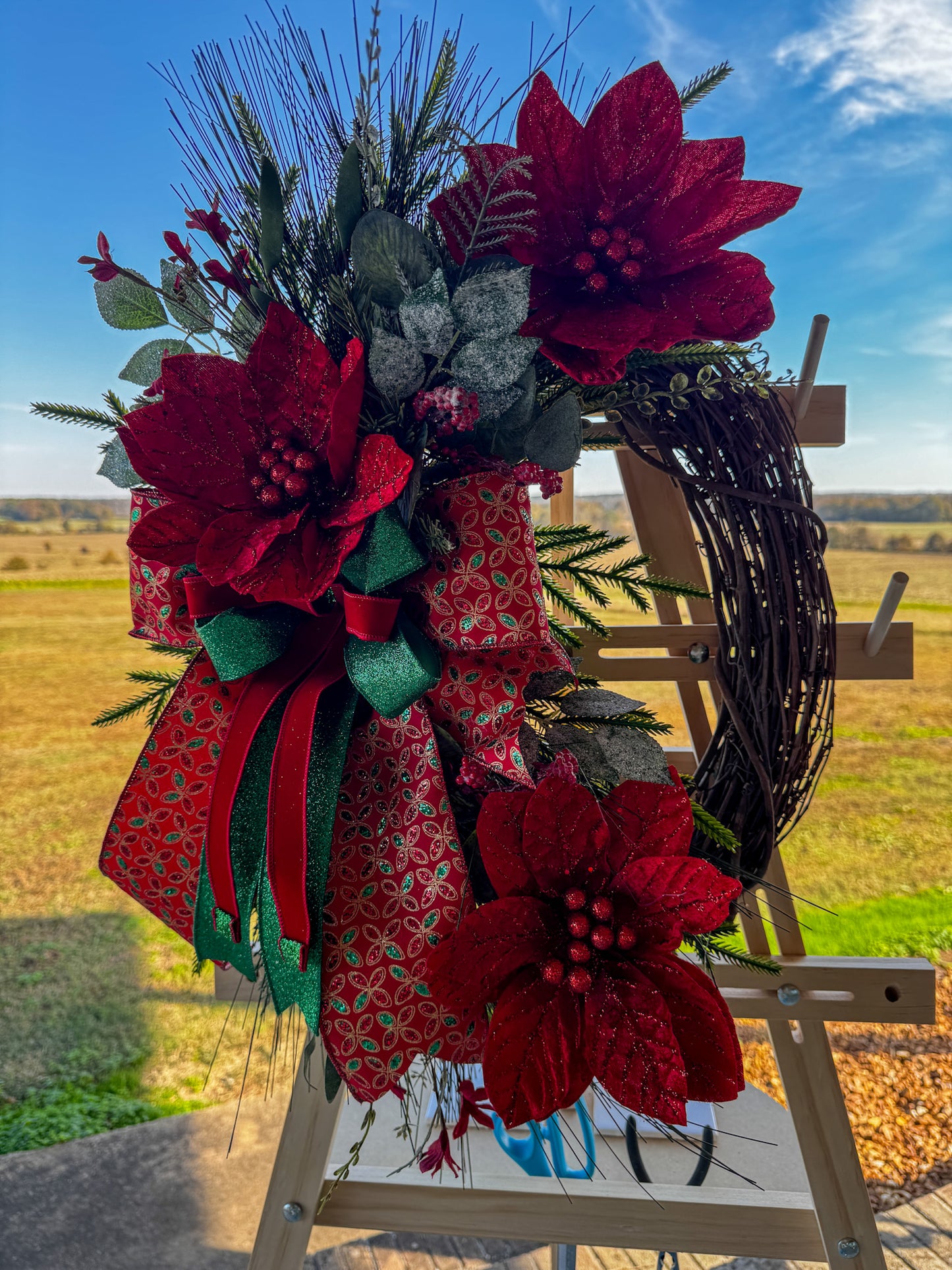 Classic Red Velvet Poinsettia Grapevine Wreath with Jeweled Farrisilk Ribbon