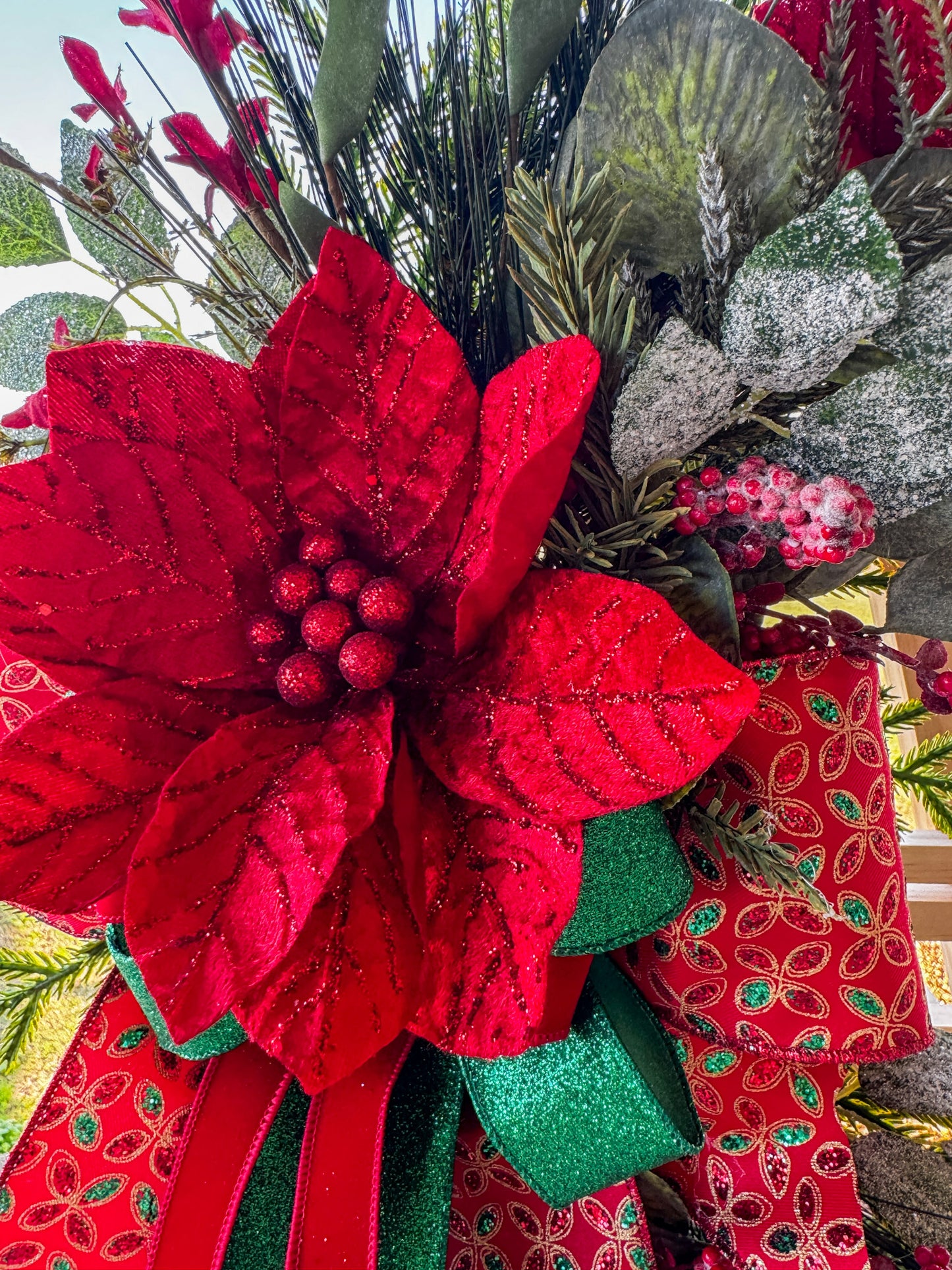 Classic Red Velvet Poinsettia Grapevine Wreath with Jeweled Farrisilk Ribbon