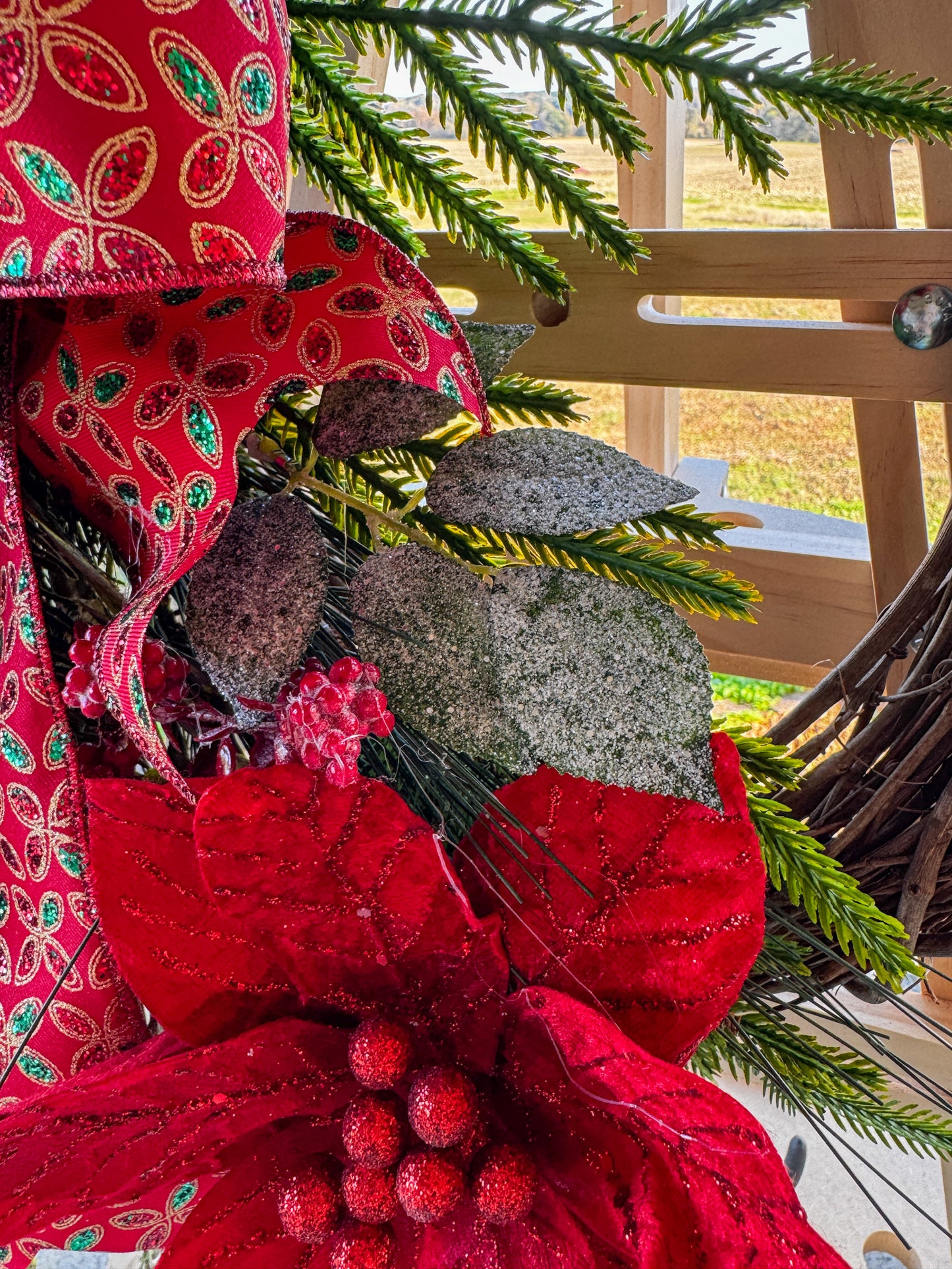 Classic Red Velvet Poinsettia Grapevine Wreath with Jeweled Farrisilk Ribbon