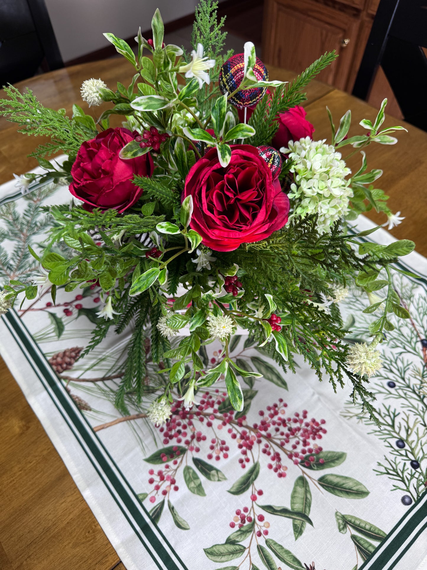 Traditional Red Rose Holiday Centerpiece – Mixed Greenery & Textured Accents