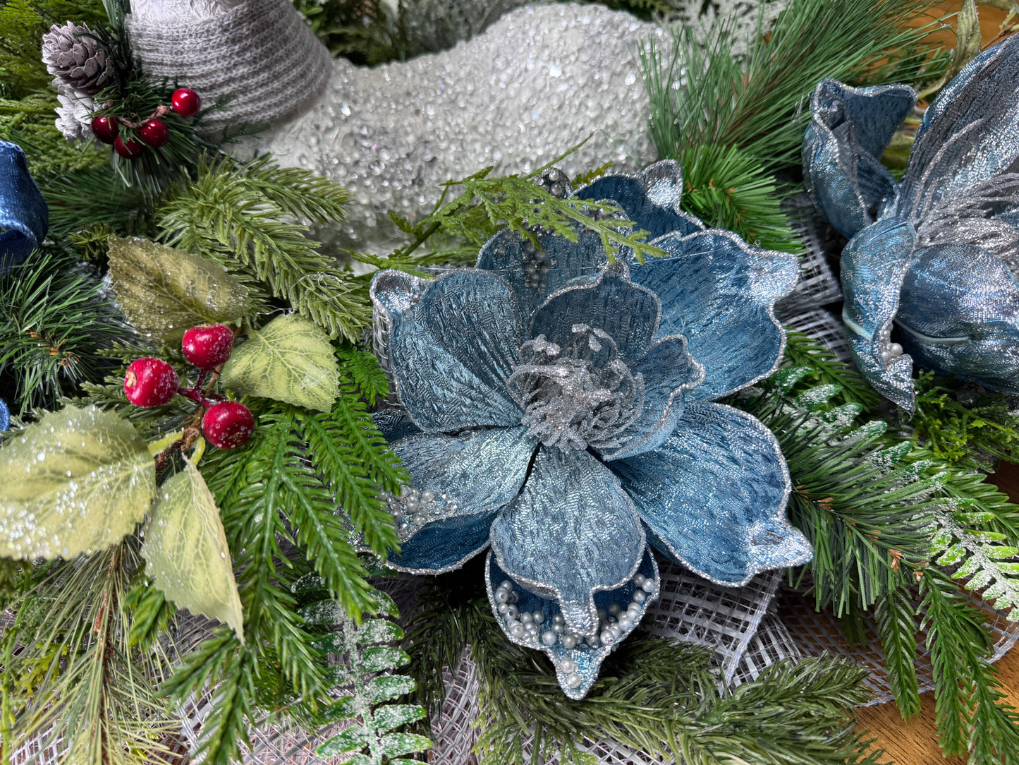 Blue Winter Deer Centerpiece – Elegant Icy Woodland Table Arrangement