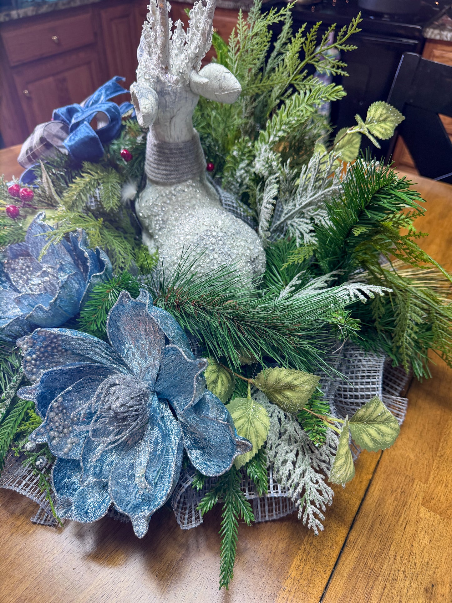 Blue Winter Deer Centerpiece – Elegant Icy Woodland Table Arrangement