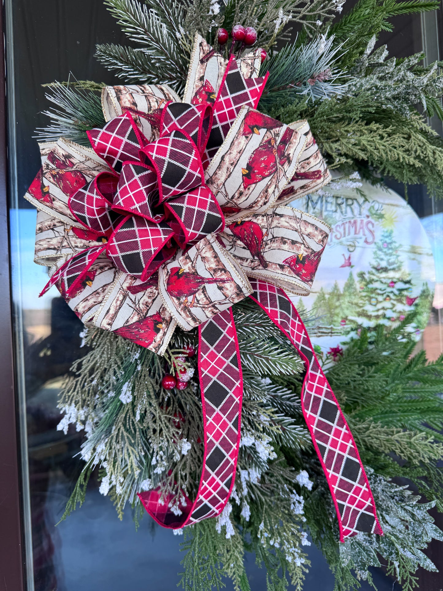 Cardinal Christmas Wreath – Traditional Greenery & Designer Ribbon