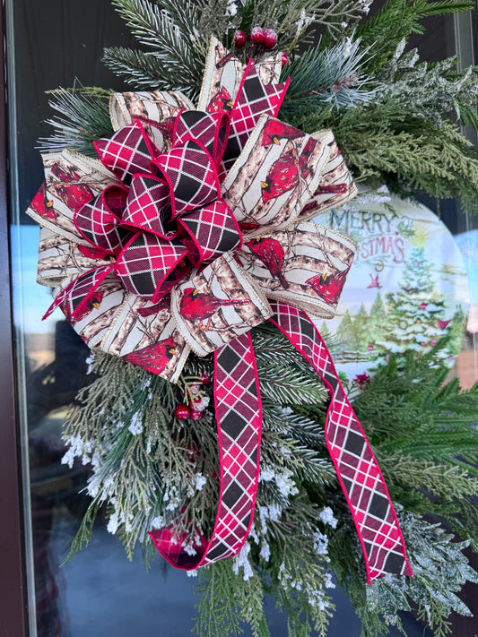 Cardinal Christmas Wreath – Traditional Greenery & Designer Ribbon