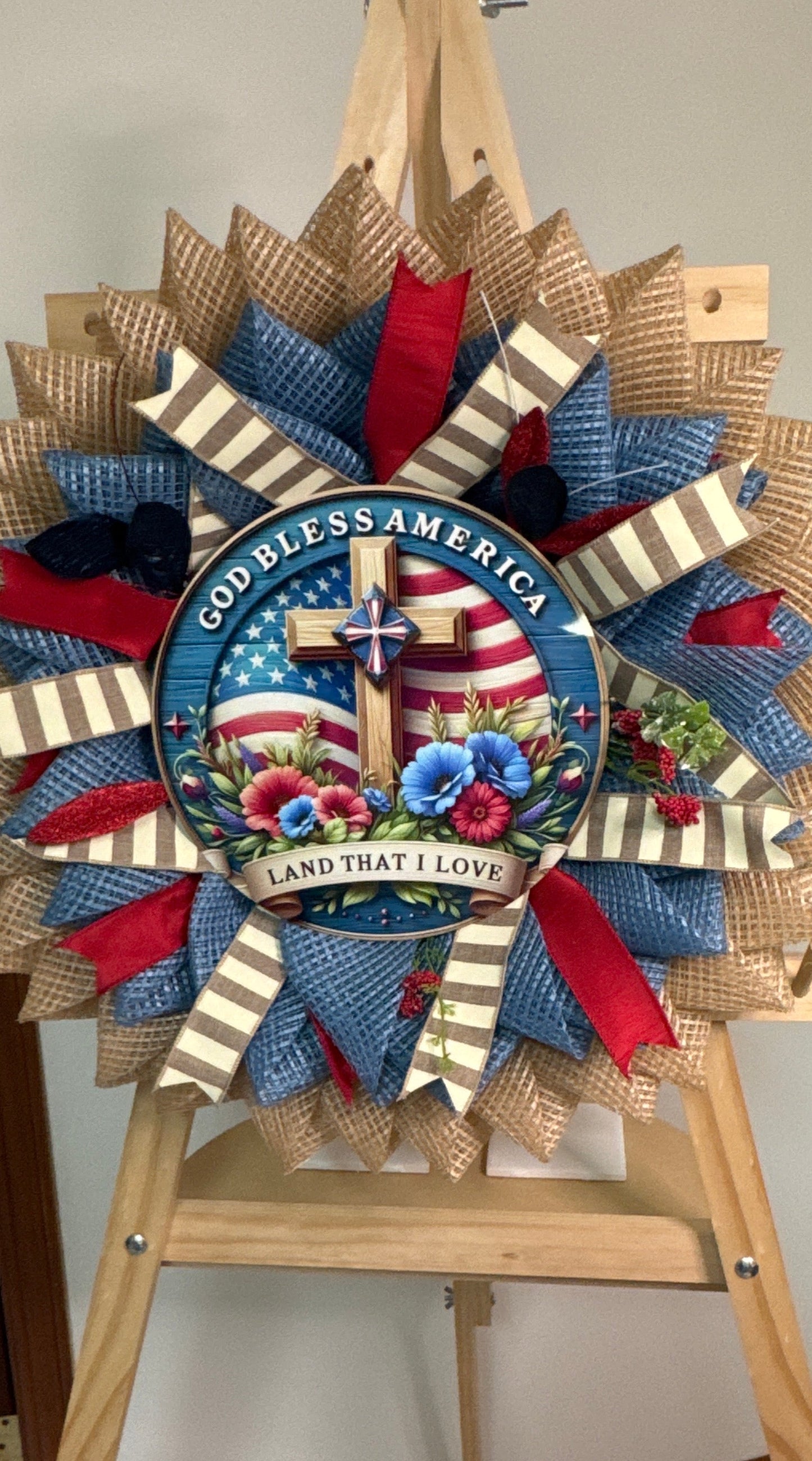 God Bless America Patriotic Wreath | Americana Cross Wreath | Rustic Fourth of July Front Door Decor