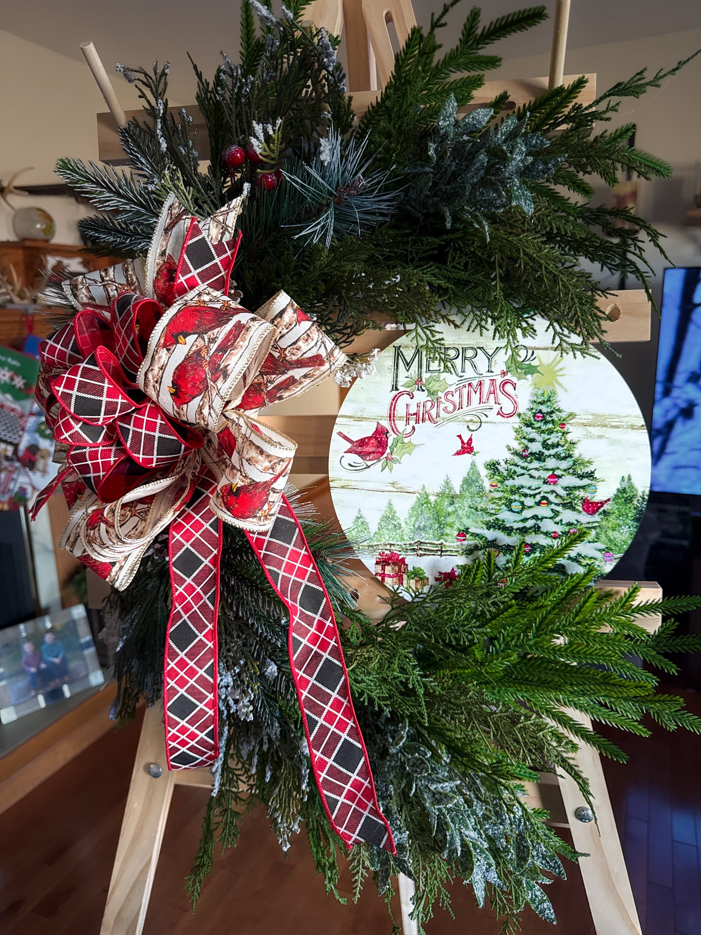 Cardinal Christmas Wreath – Traditional Greenery & Designer Ribbon