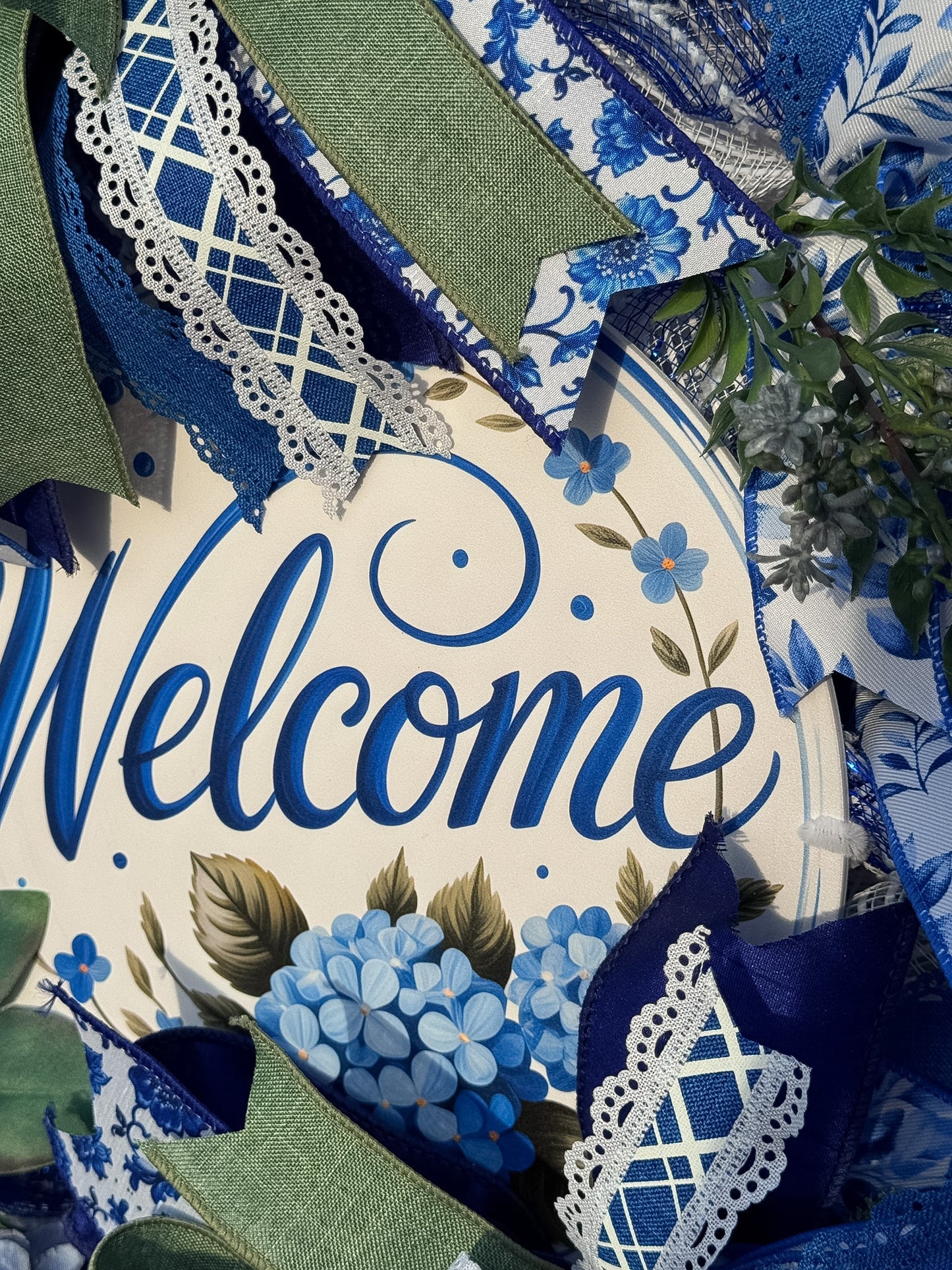 Blue and White Welcome Wreath | Chinoiserie Inspired Front Door Decor | Grandmillennial Floral Wreath