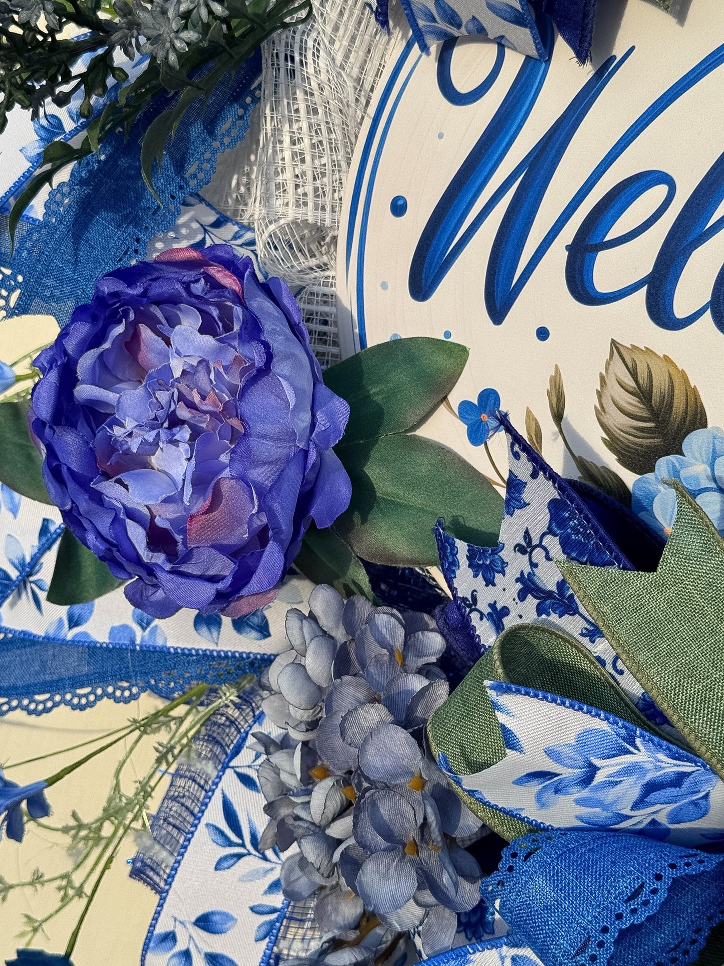 Blue and White Welcome Wreath | Chinoiserie Inspired Front Door Decor | Grandmillennial Floral Wreath
