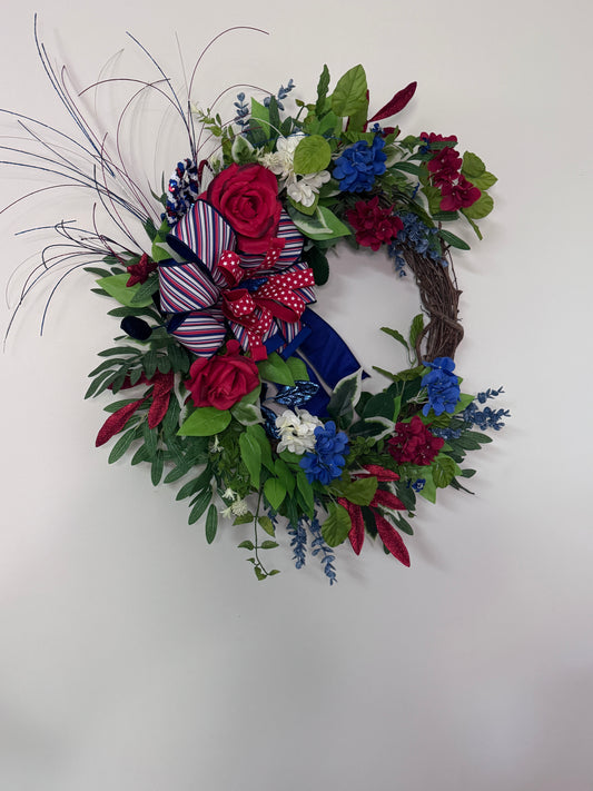 Luxury Patriotic Grapevine Wreath – America 250 Decor, Farrisilk Ribbon Bow, Red White Blue Summer Door Wreath, Designer Front Door Decor