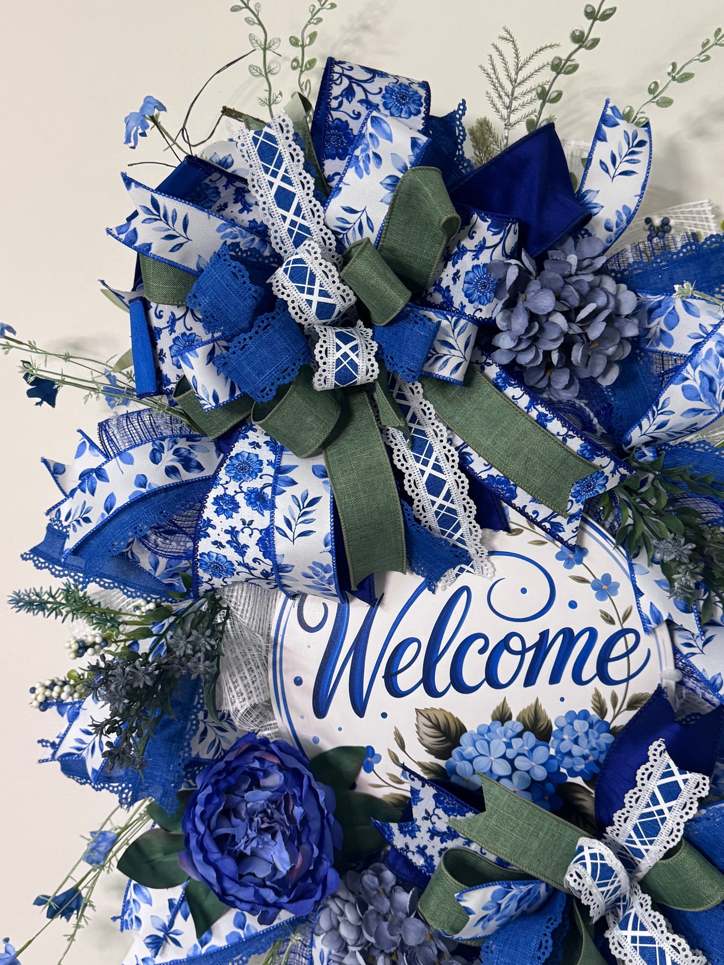 Blue and White Welcome Wreath | Chinoiserie Inspired Front Door Decor | Grandmillennial Floral Wreath