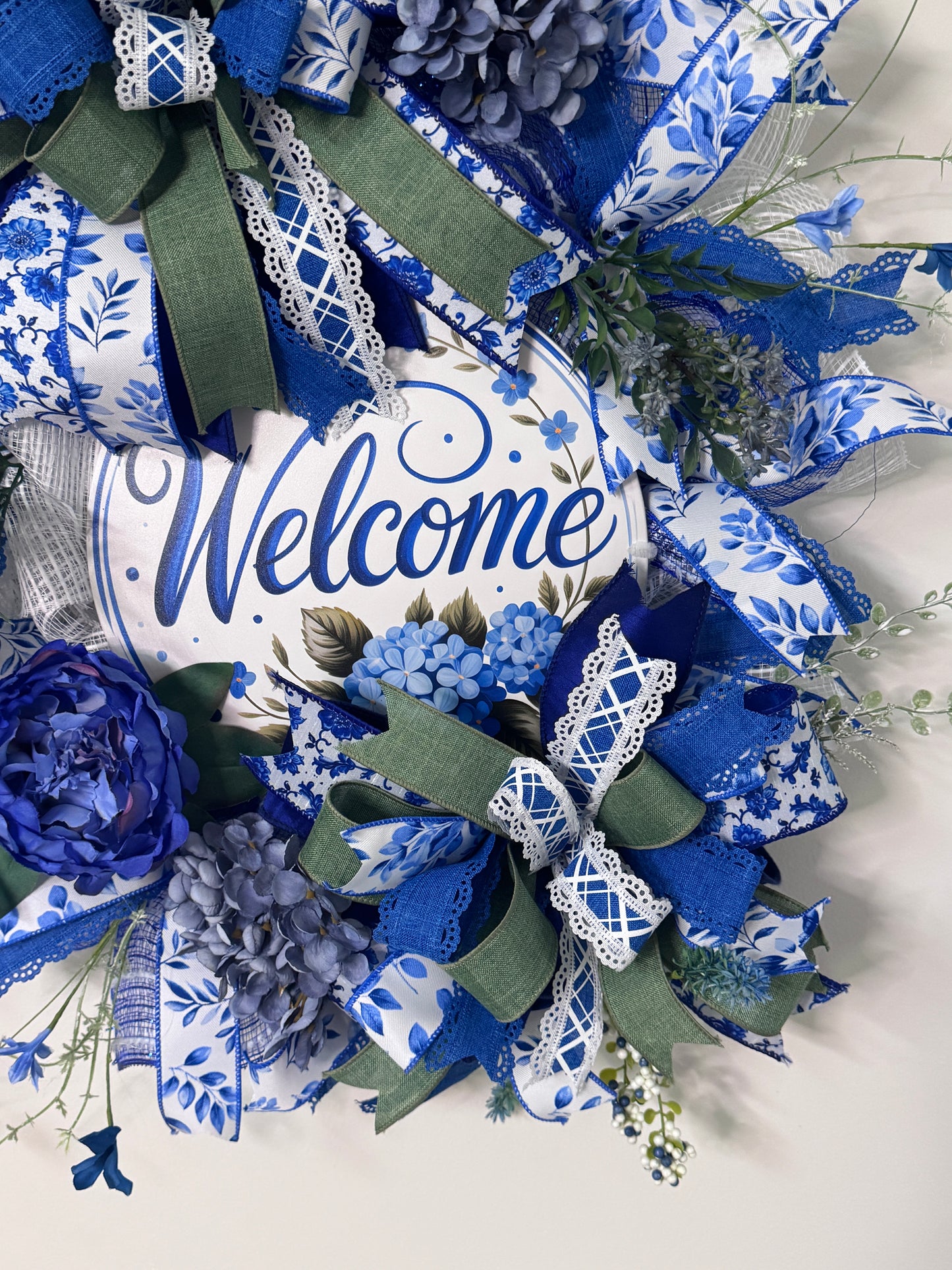 Blue and White Welcome Wreath | Chinoiserie Inspired Front Door Decor | Grandmillennial Floral Wreath