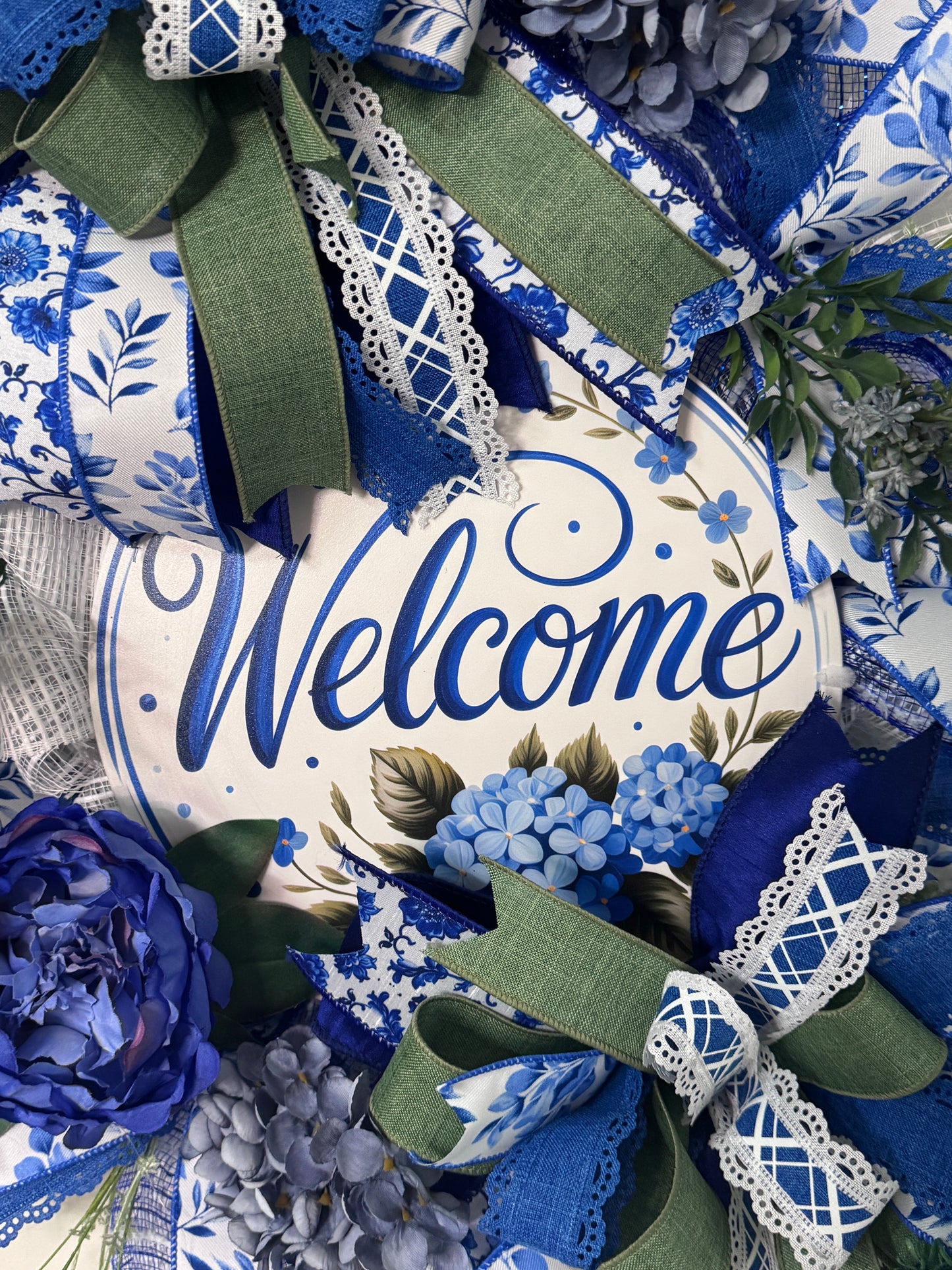 Blue and White Welcome Wreath | Chinoiserie Inspired Front Door Decor | Grandmillennial Floral Wreath