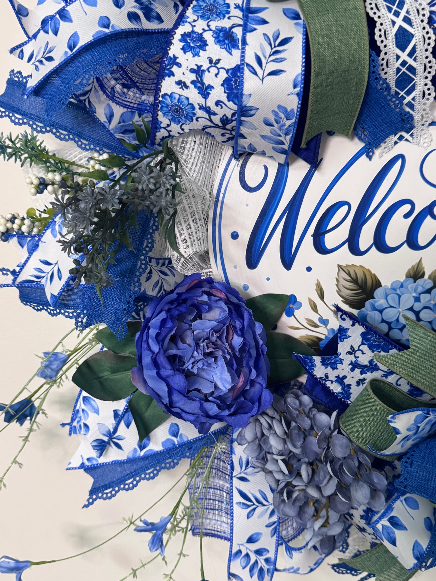Blue and White Welcome Wreath | Chinoiserie Inspired Front Door Decor | Grandmillennial Floral Wreath