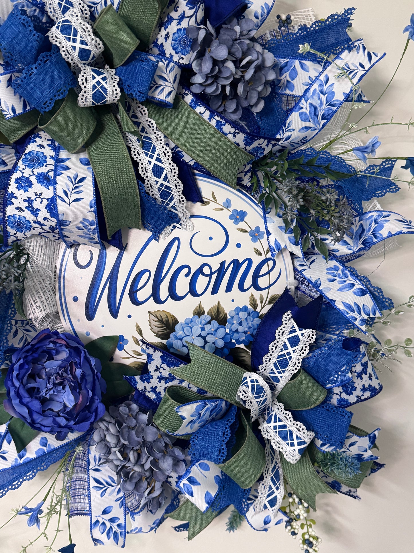 Blue and White Welcome Wreath | Chinoiserie Inspired Front Door Decor | Grandmillennial Floral Wreath