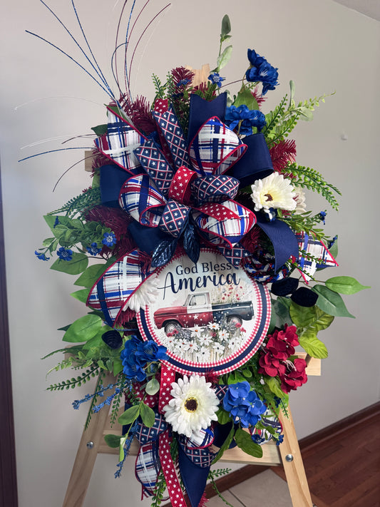 God Bless America Patriotic Floral Wreath – Vintage Truck Sign, Red White Blue Summer Door Decor, Statement Front Door Wreath
