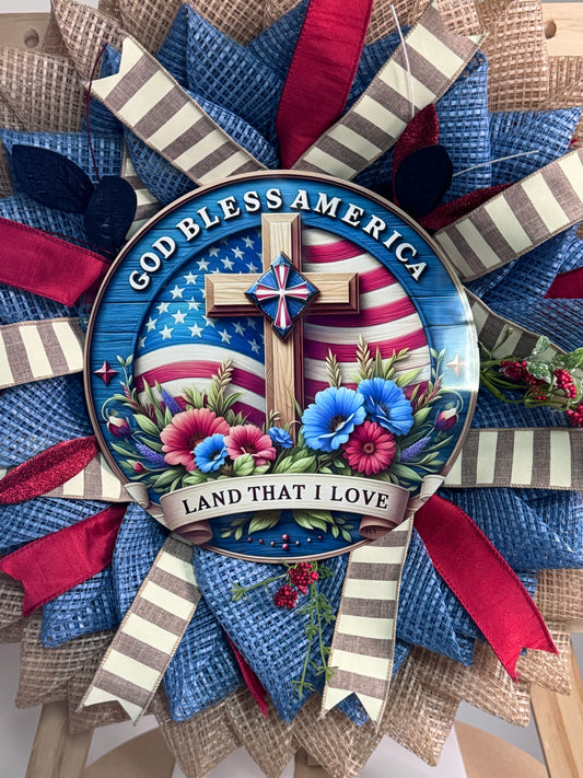 God Bless America Patriotic Wreath | Americana Cross Wreath | Rustic Fourth of July Front Door Decor