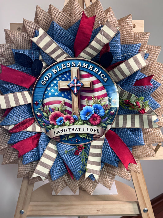 Storm Door Friendly Patriotic Wreath – God Bless America Cross, America 250 Decor, Unique in the Creek Design