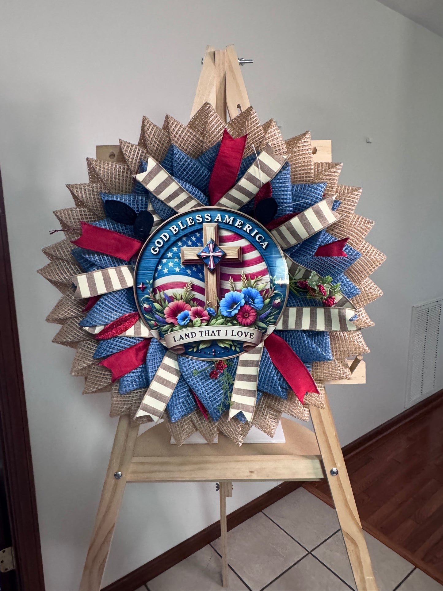 God Bless America Patriotic Wreath | Americana Cross Wreath | Rustic Fourth of July Front Door Decor