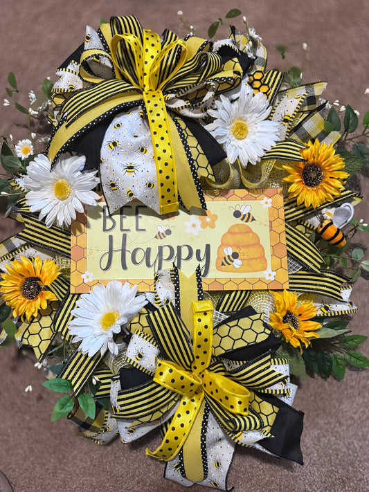 Bee Happy Wreath – Sunflower & Daisy Front Door Wreath with Premium Designer Ribbon | Bee Decor for Summer Porch & Entryway
