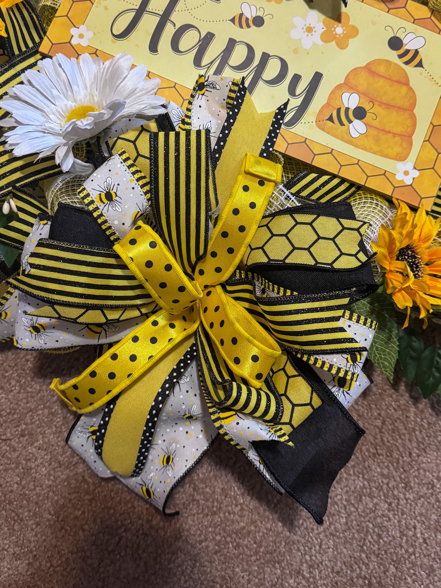 Bee Happy Wreath – Sunflower & Daisy Front Door Wreath with Premium Designer Ribbon | Bee Decor for Summer Porch & Entryway