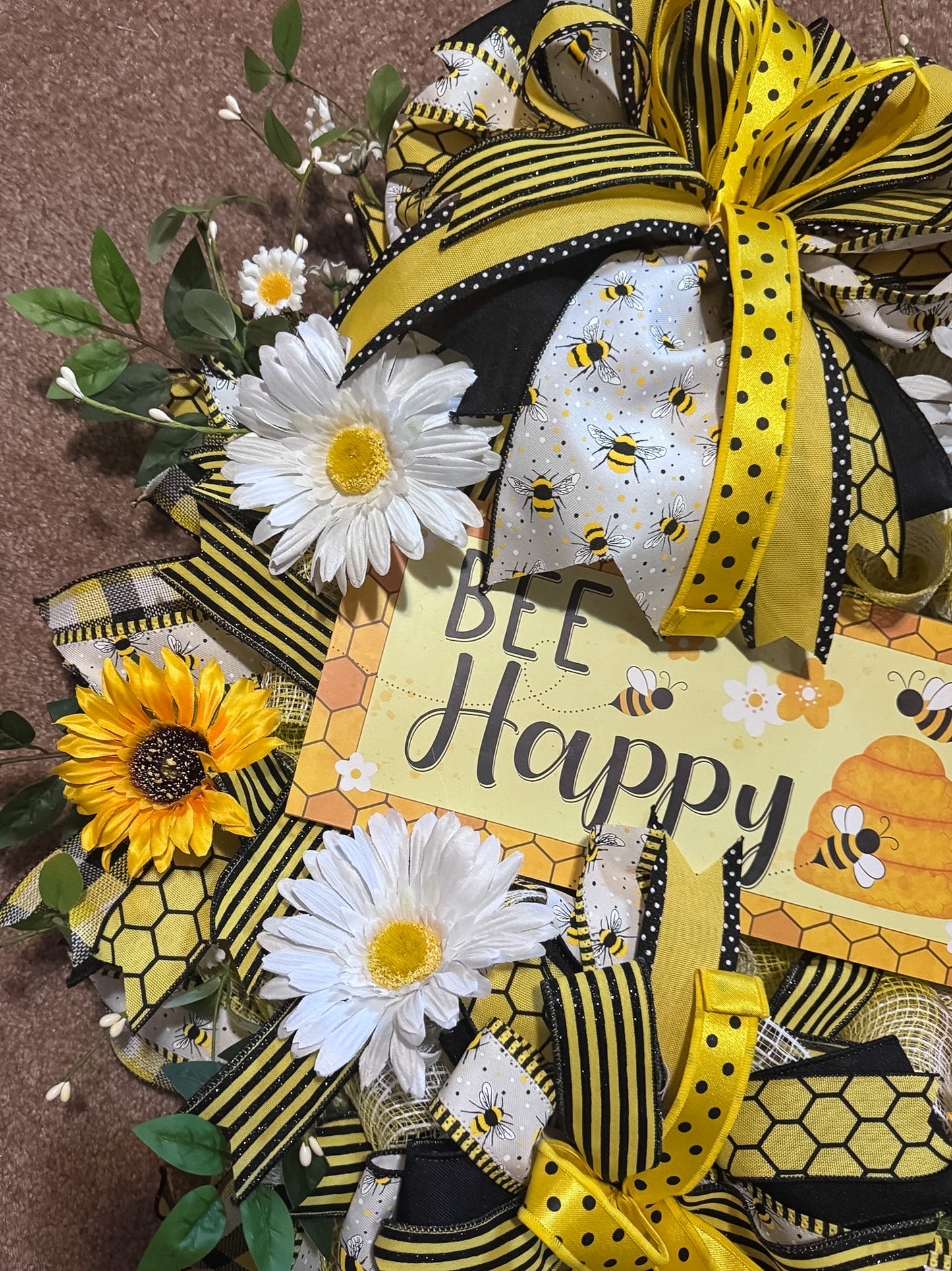 Bee Happy Wreath – Sunflower & Daisy Front Door Wreath with Premium Designer Ribbon | Bee Decor for Summer Porch & Entryway