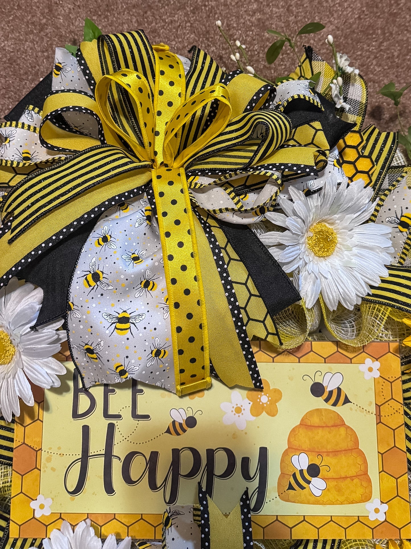 Bee Happy Wreath – Sunflower & Daisy Front Door Wreath with Premium Designer Ribbon | Bee Decor for Summer Porch & Entryway