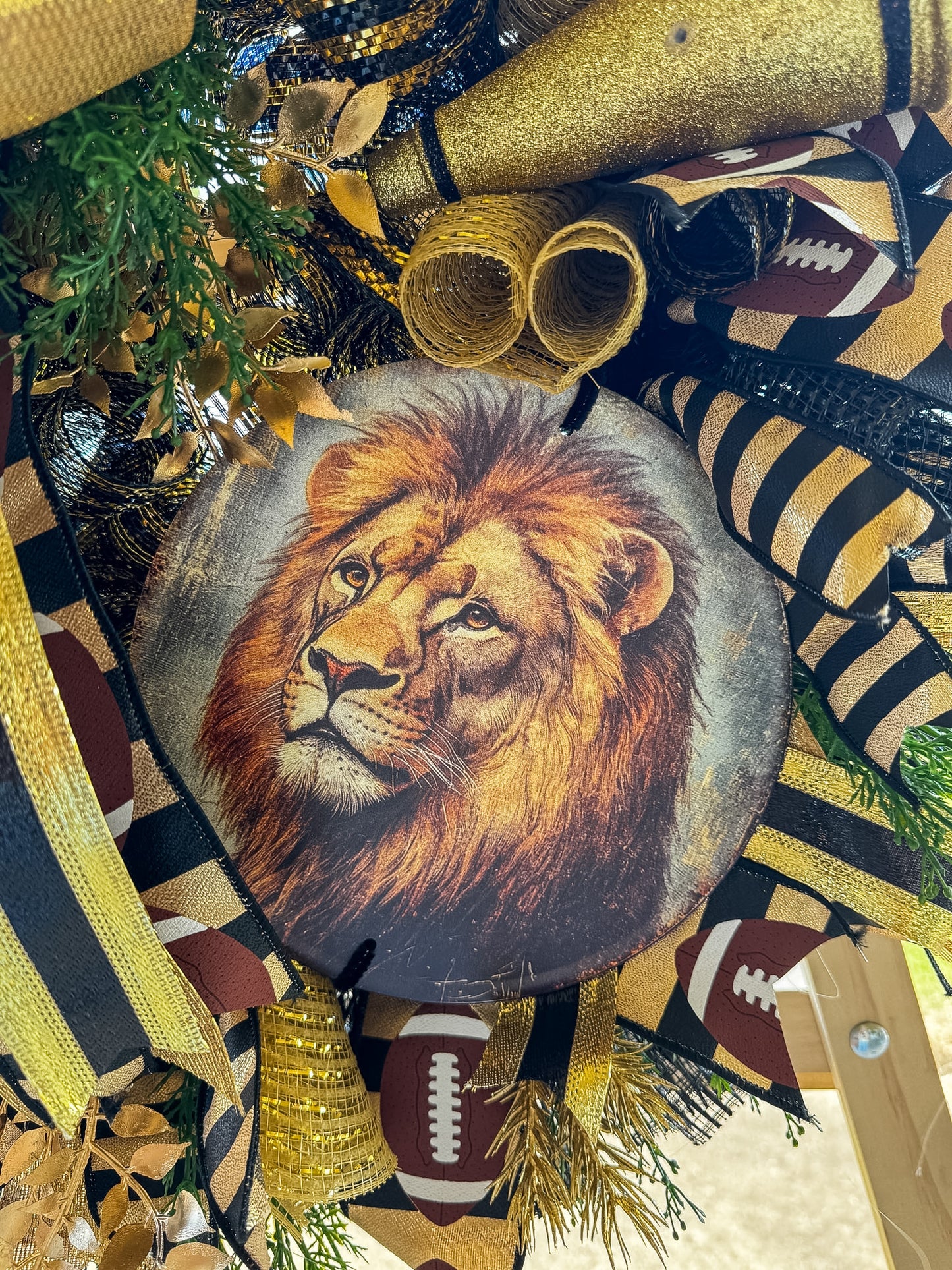Dresden Lions Football Wreath – Black & Gold Game Day Door Decor