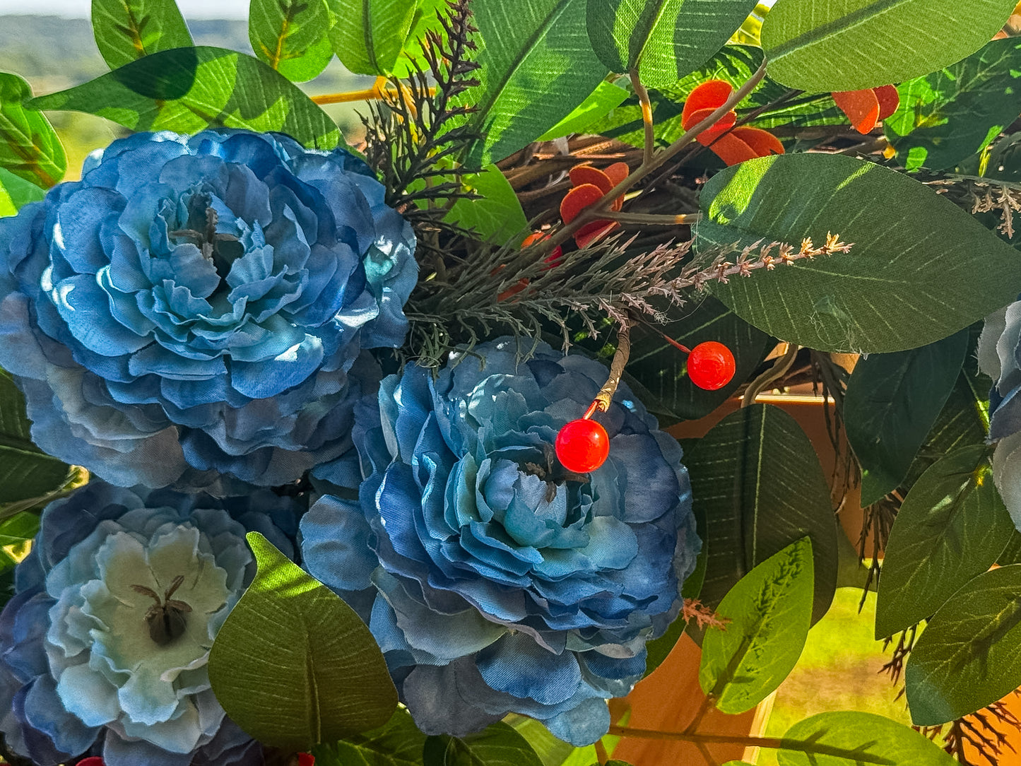 Luxury Burnt Orange & Dusty Blue Fall Grapevine Wreath