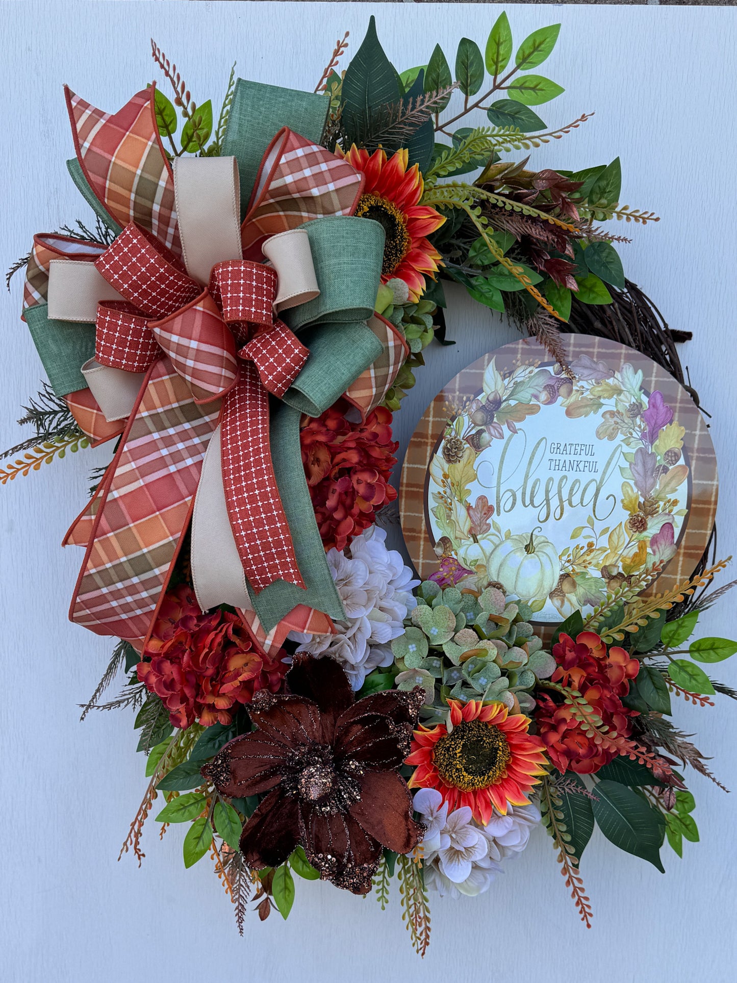 Grateful, Thankful & Blessed Fall Floral Wreath | Designer Brilliance Ribbon | 32" Statement Door Decor
