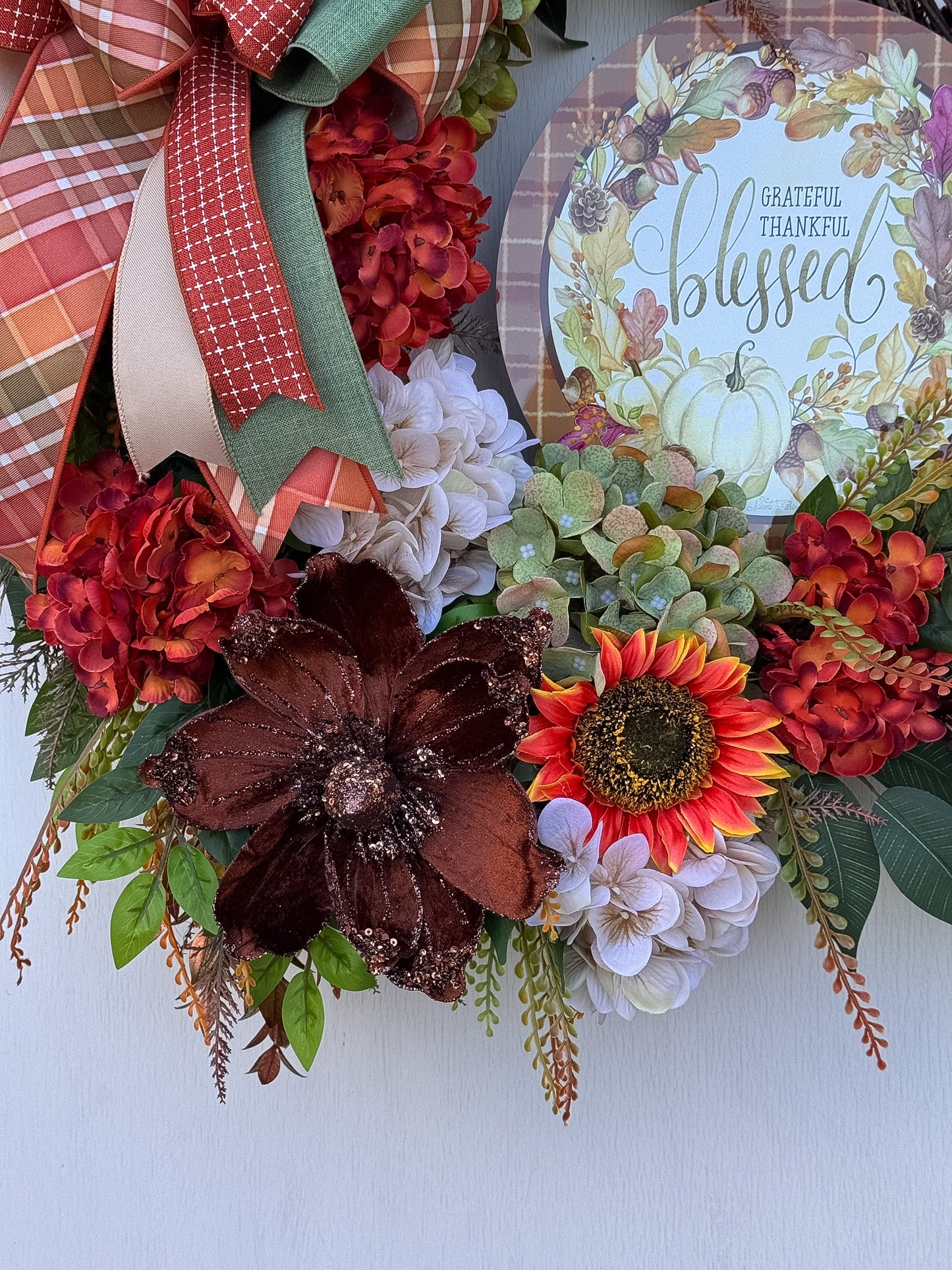 Grateful, Thankful & Blessed Fall Floral Wreath | Designer Brilliance Ribbon | 32" Statement Door Decor