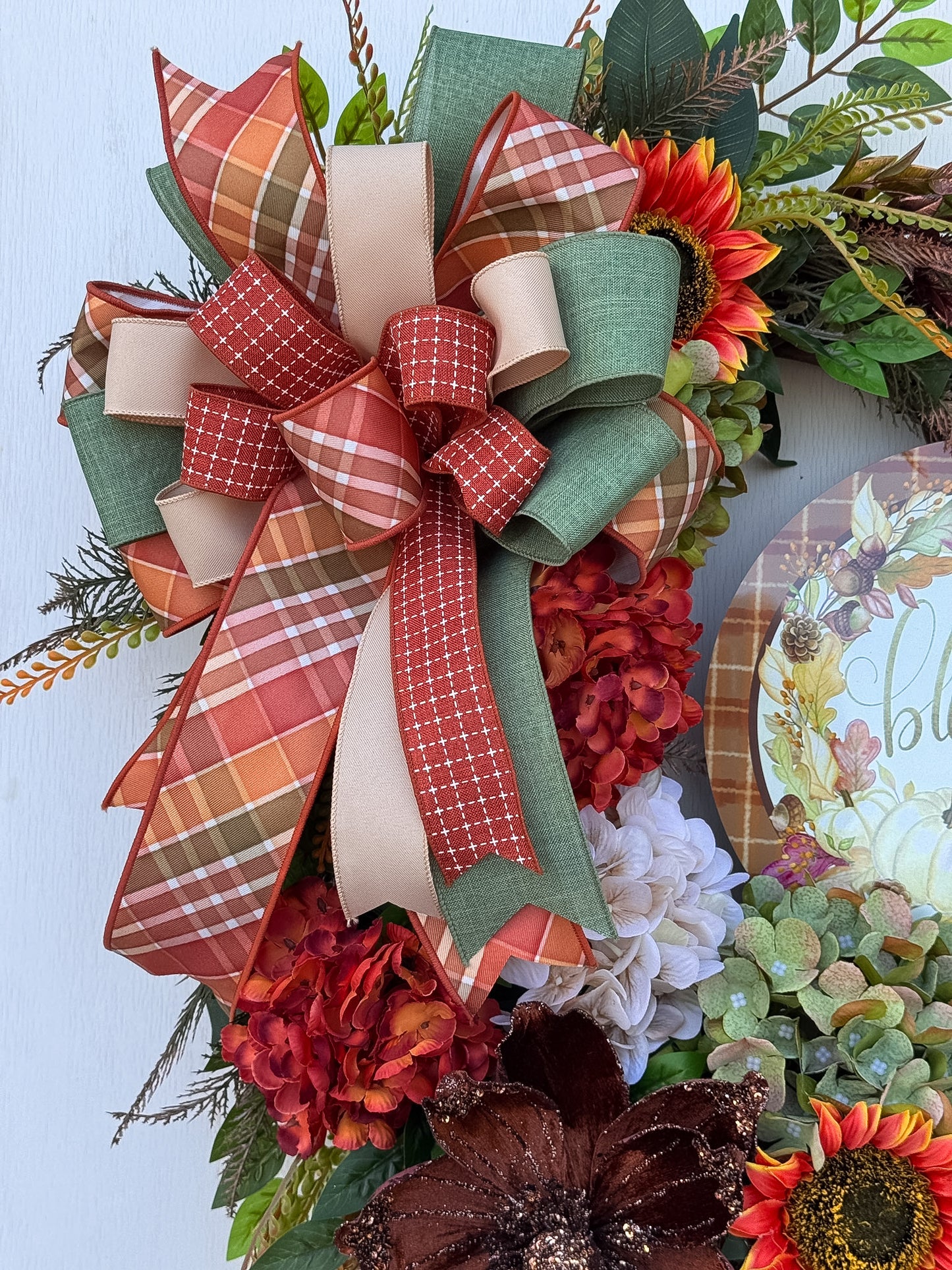 Grateful, Thankful & Blessed Fall Floral Wreath | Designer Brilliance Ribbon | 32" Statement Door Decor