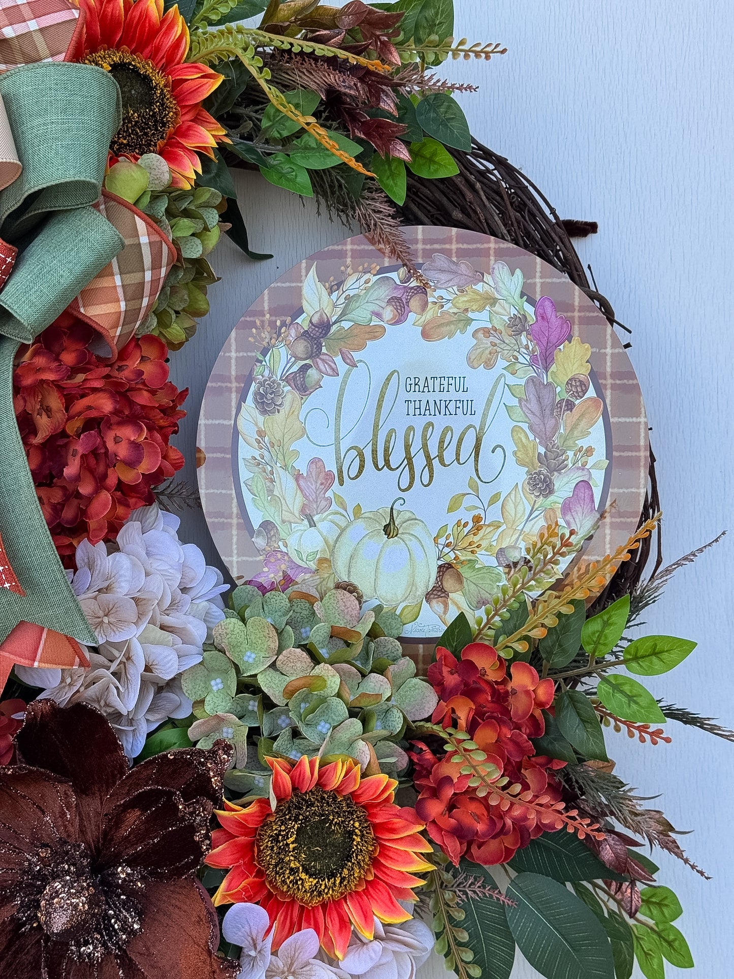 Grateful, Thankful & Blessed Fall Floral Wreath | Designer Brilliance Ribbon | 32" Statement Door Decor
