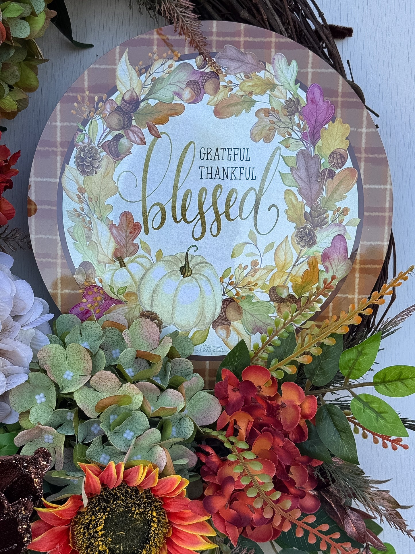 Grateful, Thankful & Blessed Fall Floral Wreath | Designer Brilliance Ribbon | 32" Statement Door Decor