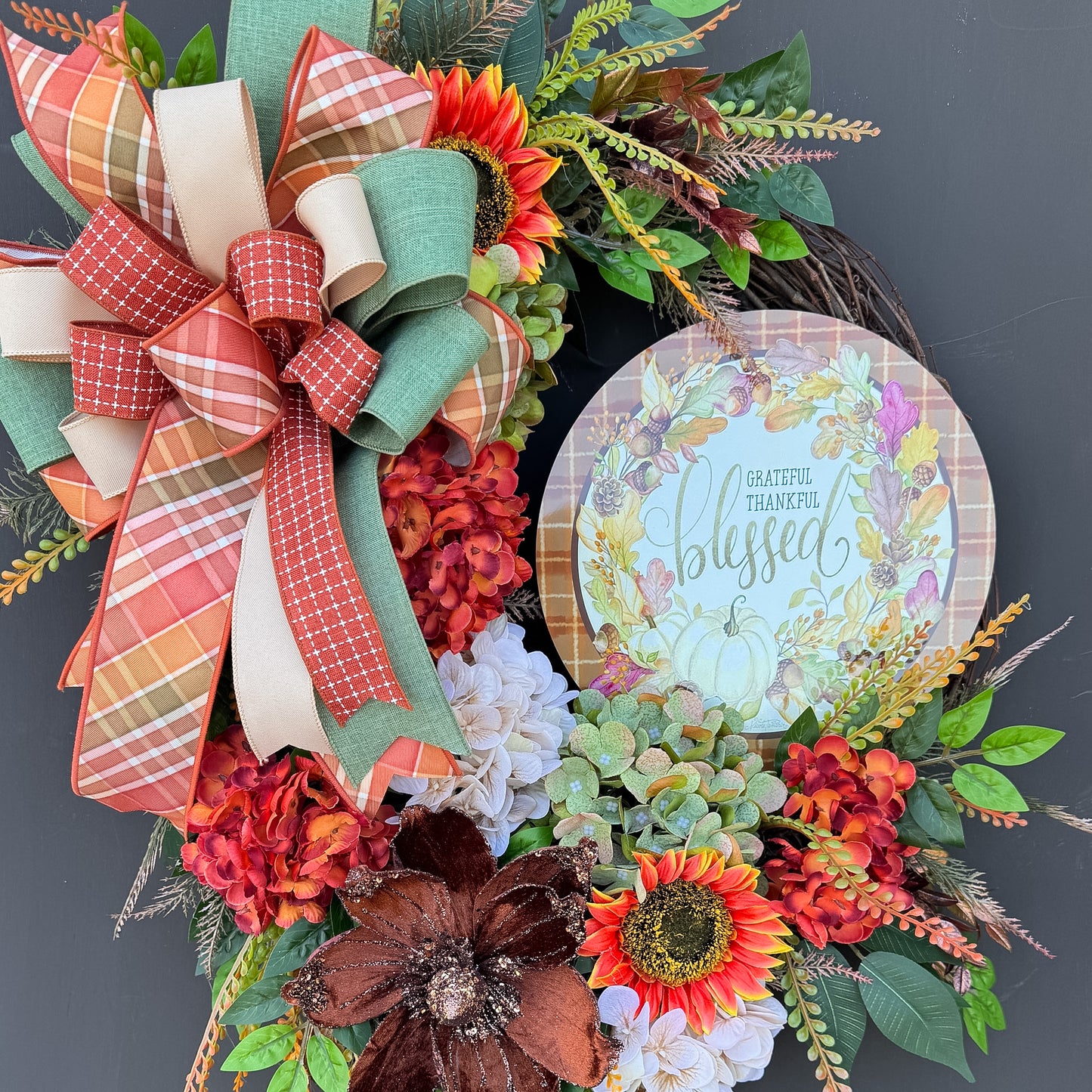 Grateful, Thankful & Blessed Fall Floral Wreath | Designer Brilliance Ribbon | 32" Statement Door Decor